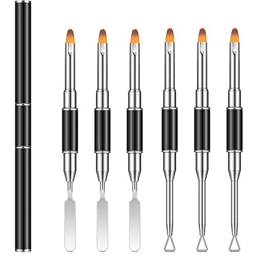 6 Pieces Acrylic UV Gel Nail Brush Nail Art Tip Builder Brush Set Double Side Handle Nylon Brush with Nail Pusher Peeler for Acrylic Nail Painting