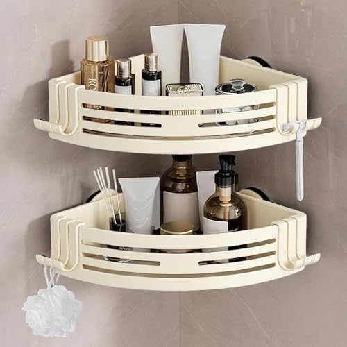 Lekesky Duschablage Ohne Bohren Ecke, Starke Saugnäpfe, Aluminium & Rostfrei, Abnehmbar Badezimmer Regal Duschregal für Bad Küche Mietwohnung (2er Set, Cremefarben)