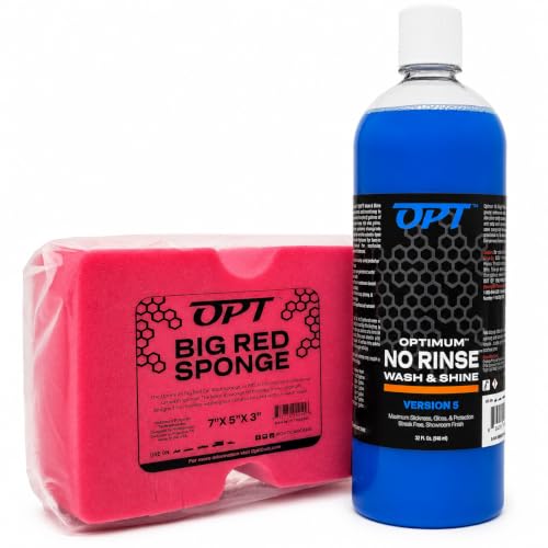 Optimum No Rinse Version 5 (32 Oz) and Big Red Sponge (BRS) Car Cleaning Kit ONR Rinseless Car Wash and Wash Sponge for Washing and Auto Detailing