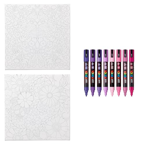 Image of POSCA Canvas Paint by Number Kit, Lilac Dream - 8 Acrylic Markers with 2 Pre-Drawn Canvases - Gift Set for Artists, Adults and Kids