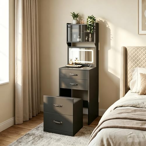 ARISTCY Vanity Desk with Mirror and Lights 3 in 1 Compact Makeup Vanity with Mirror and Lights Corner Vanity Desk with Drawers Storage Stool Multifunctional Bedroom Makeup Table for Women Kids
