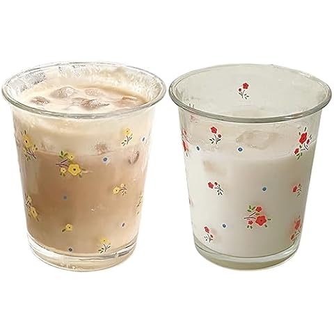 yaocoral Set of 2 12 OZ French Drinking Glasses Floral Glass Coffee Cup Flower Tea Cup Cute Glass Cups for Iced Tea,Juice,Coffee,Milk,Dessert,Stackable Glassware Drinkware Set(red yellow) Cover