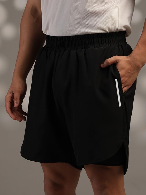 Image of CHKOKKO Double Layered Gym Shorts for Men Workout | Compression Inner Layer with Pockets Across Inner Outer and Back | Dry Fit Sports Athletic wear for Running Jogging or Training