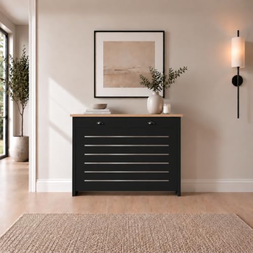 Image of DuraTherm® Radiator Cover Black Painted MDF Cabinet Horizontal Slat Storage Drawers & Shelf, Radiator Furniture Cabinets for Office Hallway Living Room Bedroom, Medium (H: 96cm / W: 111.5cm / D: 19cm)