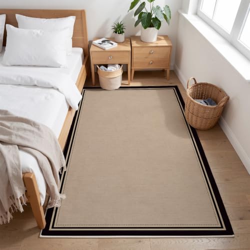 UNCYZR Open Concept Minimalist Rug 4.7 x 6.7ft, Slim Dot Frame Low Profile Washable Area Rug, Beige Black Under Sofa Faux Wool, Non Shed Easy Vacuum, Master Dining Farmhouse