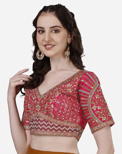 Image of Pujia Mills Mills Women's Fancy Readymade Heavy Coding Embroidary Worked Half Sleeve Multicolor Saree Blouse(Mushroom)