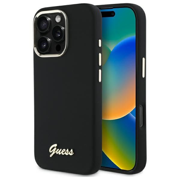 CG MOBILE Guess GUHCP16XSMBSLK Coque pour iPhone 16 Pro Max 6,9" Noir Coque rigide en silicone Script Metal Logo & Cadre
