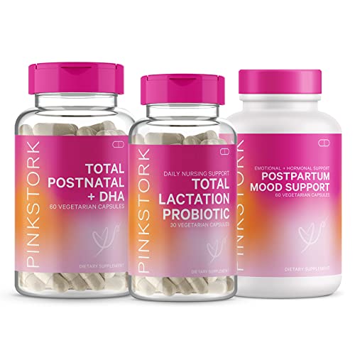 Image of Pink Stork New Mom Necessities Bundle: Postnatal Vitamin with DHA and Folic Acid, Lactation Probiotic for Breast Milk Supply + Immune Support, Postpartum Mood + Hormone Support, Postpartum Essentials