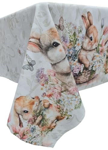Tovaglia Pasquale in stampa digitale in Misto cotone, Motivo Coniglietti immersi nell erba con cesti pieni di fiori e da farfalle, dimensione 140x180cm,140x240cm,140x360cm,140x450cm (140x180cm)