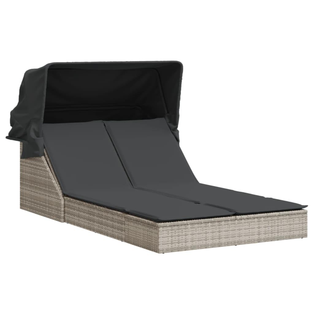Homgoday Lit double auvent et coussins gris clair en polyrotin, décor de meubles, chaises longues, canapé-lit, lit de piscine, lit de jardin