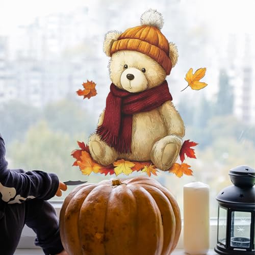 Vinilo decorativo oso con hojas de otoño, removible y resistente al agua miniatura 3