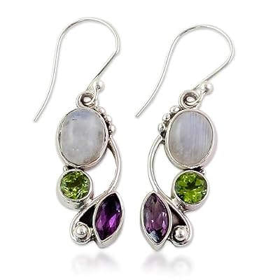 NOVICA Artisan Handcrafted Multigemstone Dangle Earrings | .925 Sterling Silver Handmade Dangle Earrings | Rainbow Moonstone Clear Green Multicolor Purple Dangle Earring | Natural Glamour Themed