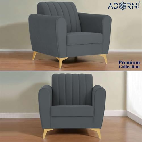 Image of Adorn India Premium Luster 3-1-1 Sofa Set | Velvet Suede Fabric | 3-Year Warranty | Color Dark Grey with Golden Legs & Striped Pattern Cushion