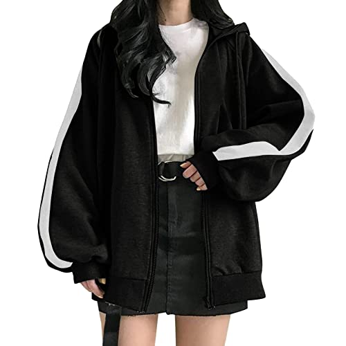Image of Generisch Women Hoodie Zipper Oversized Solid Color Soft Fleece Fabric Casual Casual Warm Sweatshirt Jacket for Teens Adults, black, S