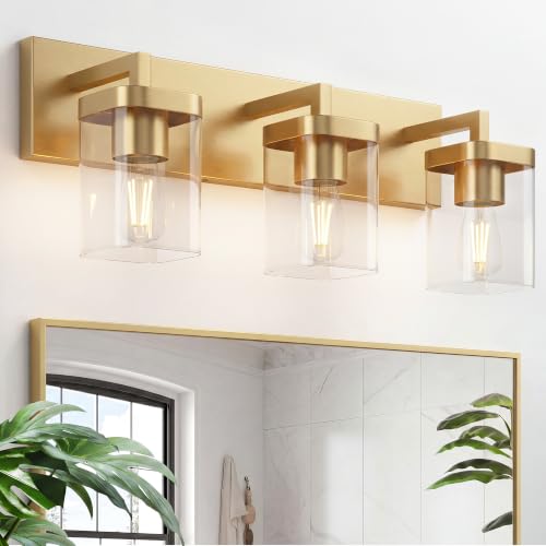 Image of Bathroom Lighting Fixtures Over Mirror, Square Design & Rectangle Large Backplate, 3 Lights Modern Vanity Lighting Fixtures, Bathroom Light Fixtures for Bathroom /Living Room /Bedroom, Gold