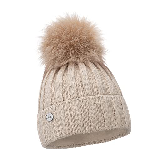 ELIMELI Gorro de caxemira para mulher, gorro de malha, gorro de lã com caxemira, gorro de inverno com pompom de pele sintética, gorro de malha para mulher, para inverno, fabricado na UE, Bege
