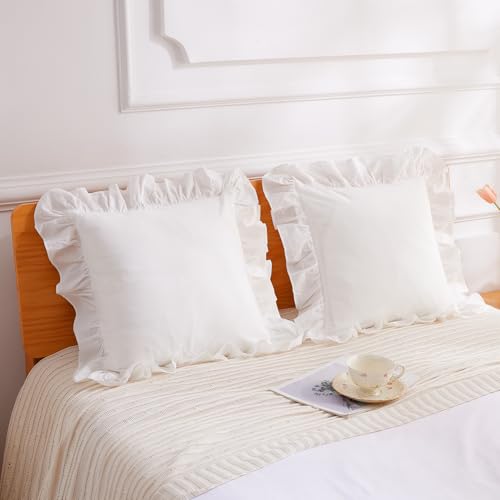 White Ruffle Throw Pillow Covers 18x18 inches, 2 Pack 100% Washed Cotton Farmhouse Pillow Shams, White Throw Pillow Cases for Couch, Living Room and Bed, Farmhouse Pillowcases