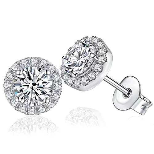 Round Cubic Zirconia Earrings Studs for Women Men Simulated Diamond CZ Stud Silver Earrings for Women Trendy