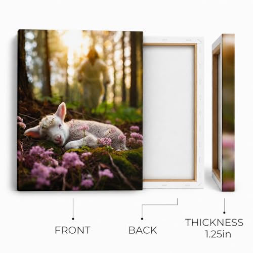 Image of Jesus and Lamb Canvas Wall Art Jesus Runs for the Lost Sheep In Spring Forest Picture Wall Art Canvas Print Christian Home Decor 24x30 inch