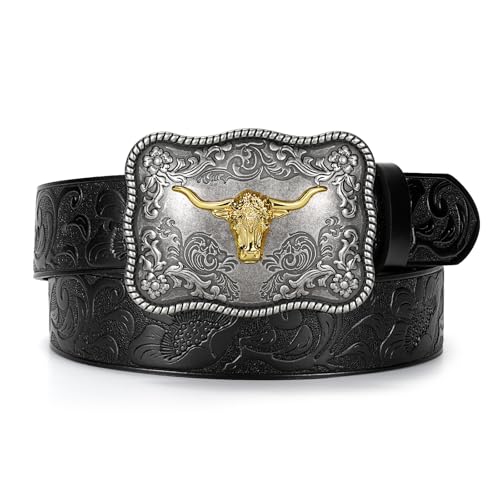 Men's Western leather belt Cowboy Cowgirl Belt with Printed Engraved Buckle