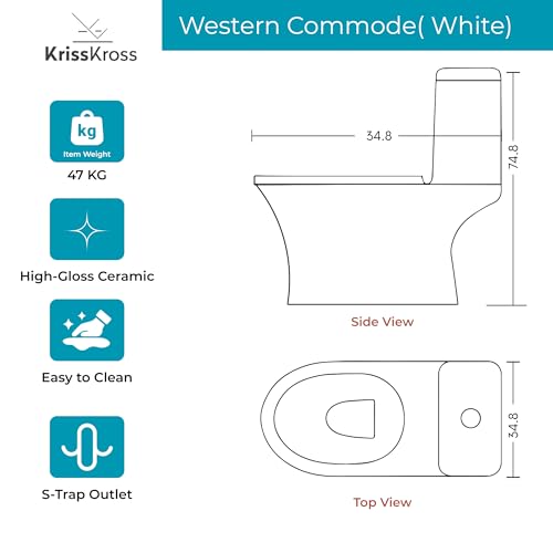 Image of KrissKross One‑Piece Western Commode, S‑Trap 9-12 inch, Soft‑Close Quick‑Release Seat, High‑Gloss Ceramic, White Floor‑Mounted WC for Indian Bathrooms