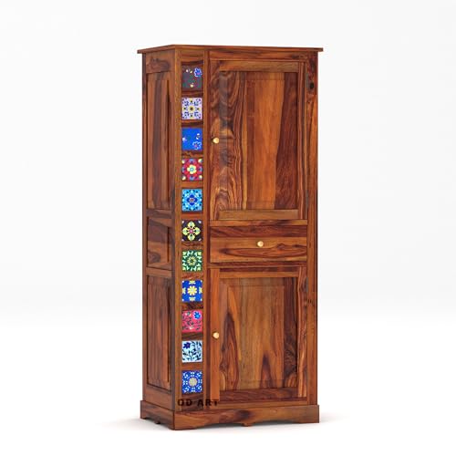 Image of Sheesham Wood Wardrobe for Bedroom - Already Assembled Solid Wood Almirah with Doors & Drawer Storage | Wooden Cupboard for Clothes, Multi-Utility Wardrobe Furniture for Home | Honey Finish