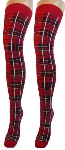 Damen Overknee-Socken mit Schottenkaro-Muster, lässige Overknee-Socken für Damen, lange Socken, Schottenkaro, Rot, Einheitsgröße