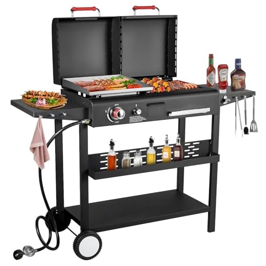 Propane Gas Griddle Charcoal Grill Combo Flat Top Griddle W/Dual Lids & 2 Side Shelves Dual Fuel BBQ Grill for Outdoor Barbecue