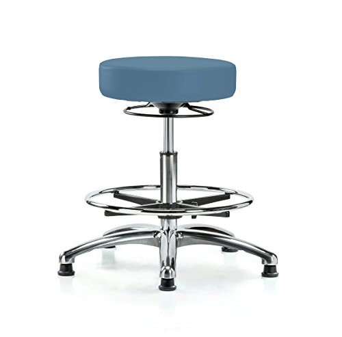 Image of Perch Chrome 360 Degree Height Adjustable Stationary Stool with Foot Ring | Medium Bench Height 20.5-28 inch | Colonial Blue Vinyl