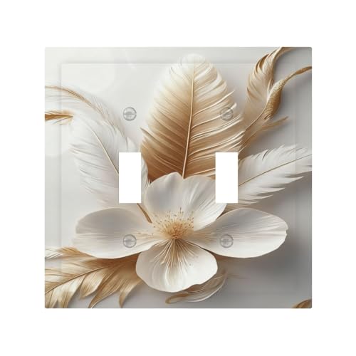 Placa de interruptor doble con diseño de flores y plumas blancas para pared de salón 2