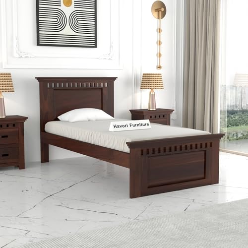 Image of Solid Sheesham Wood Single Size Bed Without Storage for Bedroom Living Room Single Cot for Home Wooden Palang for Hotel (Walnut, Size 6 * 4)