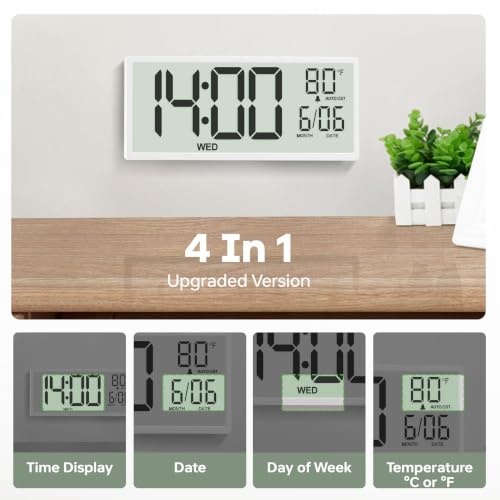 Image of JALL Large Digital Wall Clock Battery Operated, Wall Clock with Big Numbers LCD Display, Digital Clock with Simultaneous Date Day Temperature, Auto DST, Clocks for Office, Gym, Bedroom, Elderly- White