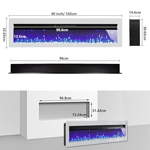 INMOZATA 102cm Electric Fire Recessed Wall Mounted Freestanding Electric Fireplace with Realistic LED Flame Effect, Adjustable Thermostat, Overheat Protection, 900W&1800W (102 cm/40 inch, White)