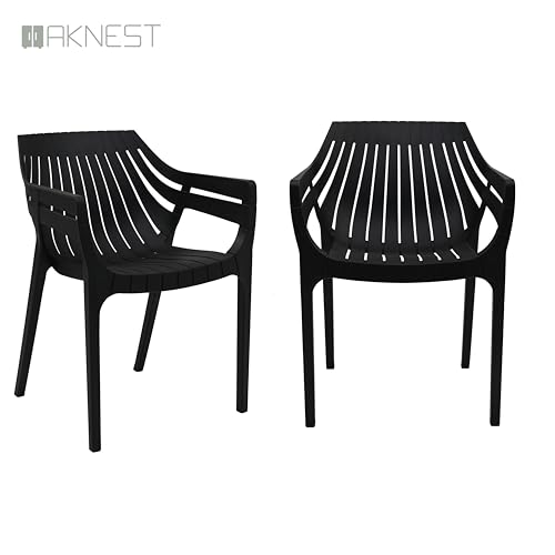 Image of OAKNEST Supreme Spectrum Plastic Arm Chair - Modern Slatted Stackable Chair for Living Room, Dining, Garden, Balcony, Restaurant & Cafe | Weatherproof Indoor Outdoor Designer Chair, Set of 2, Black