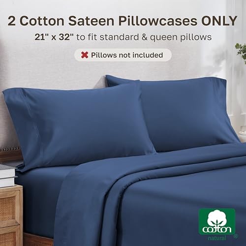 Image of California Design Den 800 Thread Count 2-Pack Pillowcases Queen Size | Soft & Thick 100% Cotton Sateen Backed by GH Seal, Classic Side Opening 4 inch Hem, Fits Standard & Queen Pillows - Classic Blue