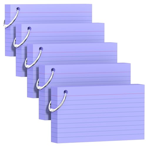 250 Count Purple Index Cards 3x5 Inch with Key Ring, Color Flash Index Card (50 Sheets Each), Durable & Portable Note Taking for Students, Teachers, Study Note Cards for Office Home School