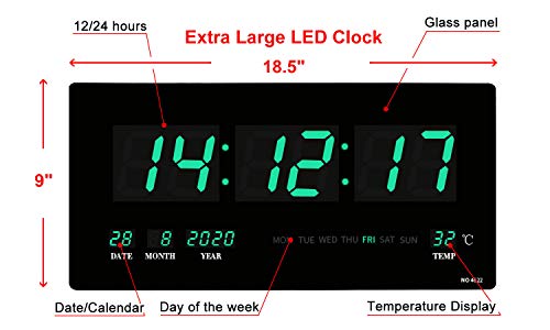 18.5” Large Oversized Led Wall Clock Indoor Temperature, Calendar Display With Date And Day Of Week,Memory Function,Mounted Electric Wall Desk Clock Timer-Green #TOP1