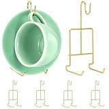 QWORK 6 Pack Gold Tea Cup and Saucer Display Stand Holder Rack for China Coffee Mugs Organizer – Teacup Easel for Kitchen, Dining Room, and Curio Cabinet Displays