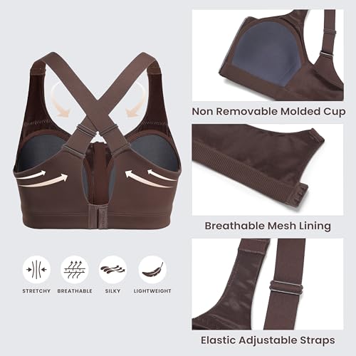 Image of CRZ YOGA Zip Front Cross Back Sports Bras | Molded Cups, Medium to high Support, Training, Adjustable Convertible Straps, Hook and Eye, for Women