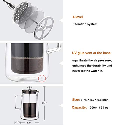 French Press Coffee Maker, Double Wall Vacuum Insulated Thermal Borosilicate Glass, 4 Level Filtration System with No Grounds, 34 Oz, 1000ML - Thumbnail 5