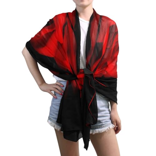 Shawl Wrap, Red Rose On Black Womens Large Chiffon Scarf Lightweight for Dresses