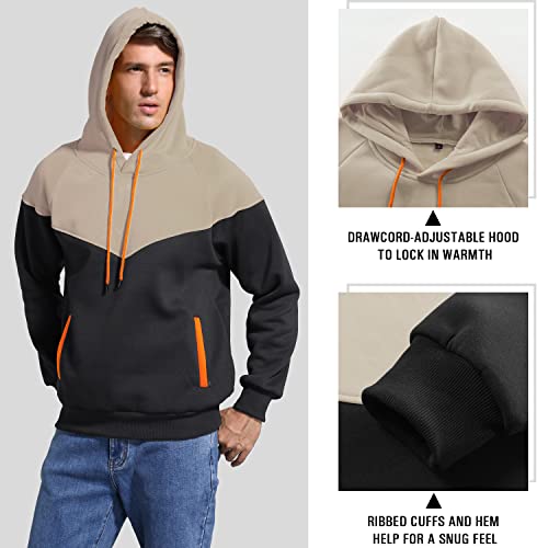 Niceif Men's Midweight Fleece Pullover Hoodies Casual Color Block Hooded Sweatshirt With Pockets, Beige Black M #TOP3