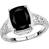 Shop LC Black Tourmaline Ring in 925 Sterling Silver - Unique Engagement Rings for Women - Vintage Flower Statement Solitaire Rings Size 5 - Round Cut Jewelry Christmas Gifts for Women