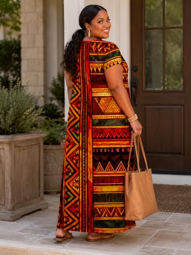 Image of Plus Size Maxi Dress for Women Short Sleeve V Neck Casual Loose Sundress with Pockets