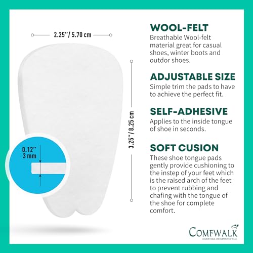 Image of COMFWALK Felt Tongue Pads for Shoes - Soft Self-Adhesive Shoe Inserts | White, 3 Pairs