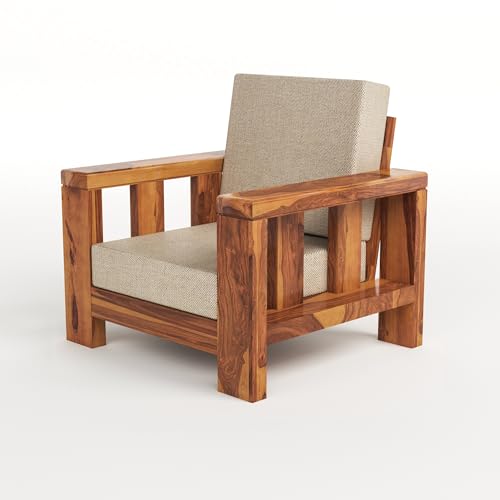 Image of Solid Sheesham Wood Single Seater Sofa Chair for Living Room - Single Sofa Chair Wooden Sofa Single Seater with Comfortable Cushion Seating (Honey, Haney 1 Seater)