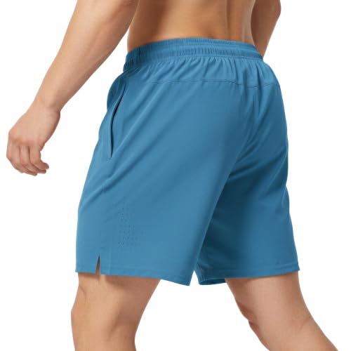 Yufawow 7 Inch Men Swim Trunks Gym Shorts with Mesh Liner Zipper Pocket Quick Dry Breathable for Workout Runing Beach Pool Small Solid Aqua