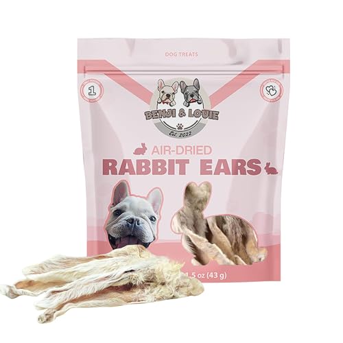 Benji & Louie Air Dried Whole Rabbit Ears with Fur - Natural Healthy Dog Treats or Dog Chews Single Ingredient 1.5 oz 4 to 6 Count