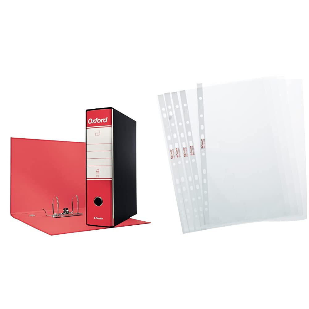 Esselte G83 Oxford Registratore - F.To Commerciale Dorso 8 Cm - Rosso - Confezione Da 6 Pezzi - 390783160 & Buste Perforate Essentials - Ppl Antiriflesso - F.To 21 X 29,7 Cm - 392713000