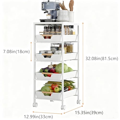 CarolynDesign Carrito organizador de marco de metal de 5 niveles con parte superior de madera, almacenamiento multifuncional con ruedas giratorias con cajones extraíbles para cocina, sala de estar - imagen 2